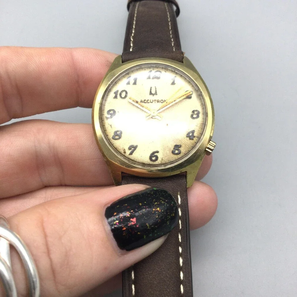 Vintage Bulova Accutron Tuning Fork Mens Watch 34mm 10K RGP Brown Leather Band
